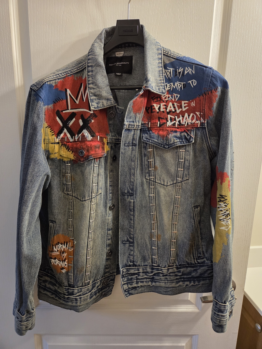 Cult of Individuality Painted Denim Jacket in Blue with Red & Yellow Accents